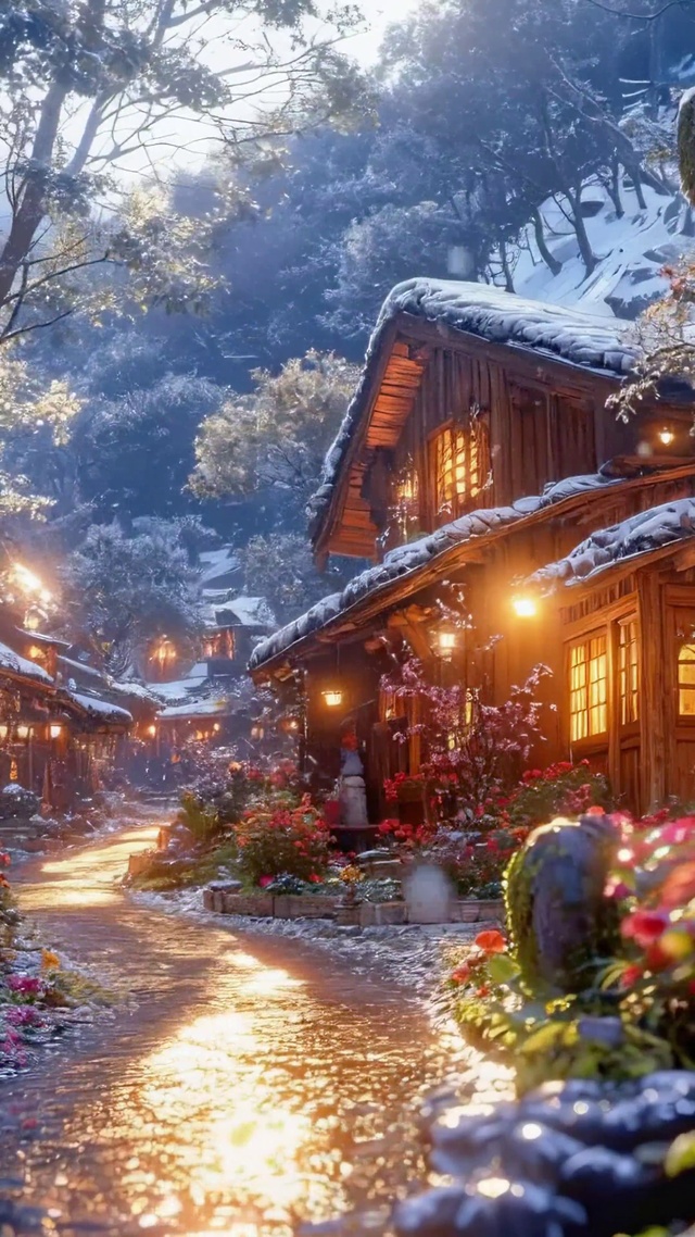 暖灯雪后林间古村夜景