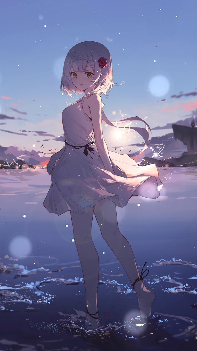 夕阳湖畔少女