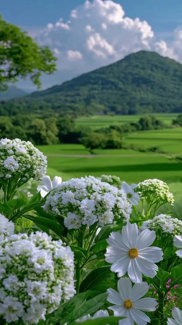 清新治愈山野绿野白花风景