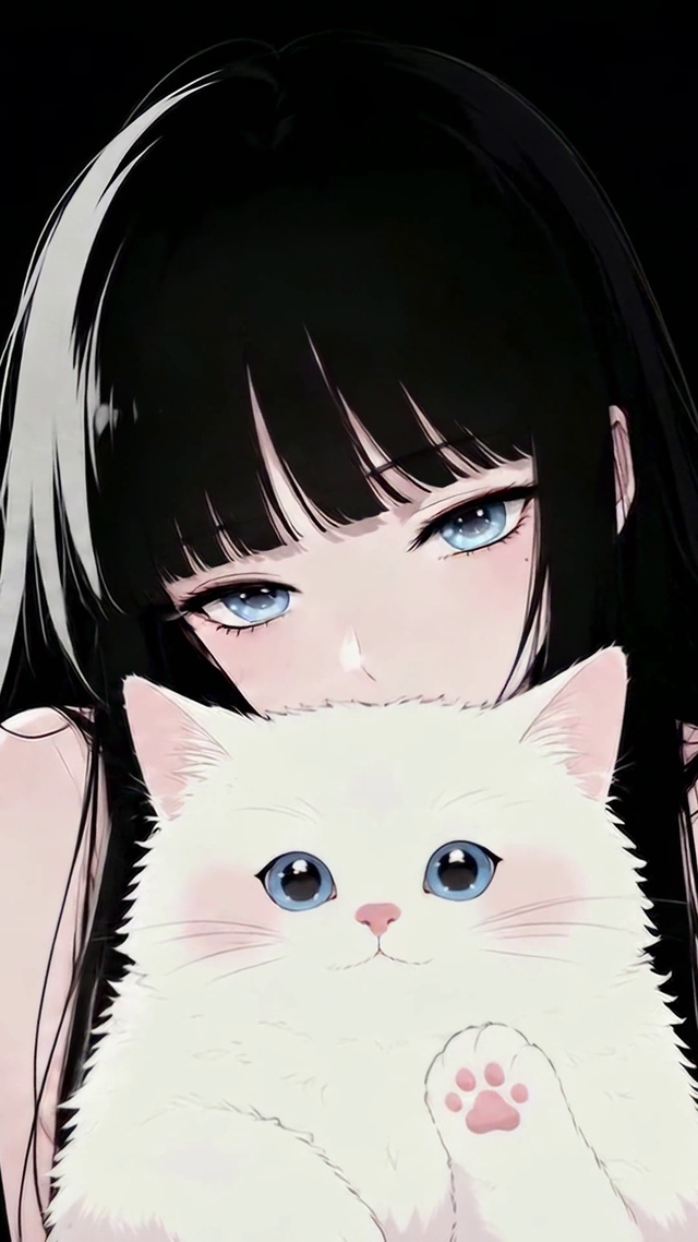 黑发蓝眼少女抱可爱白猫