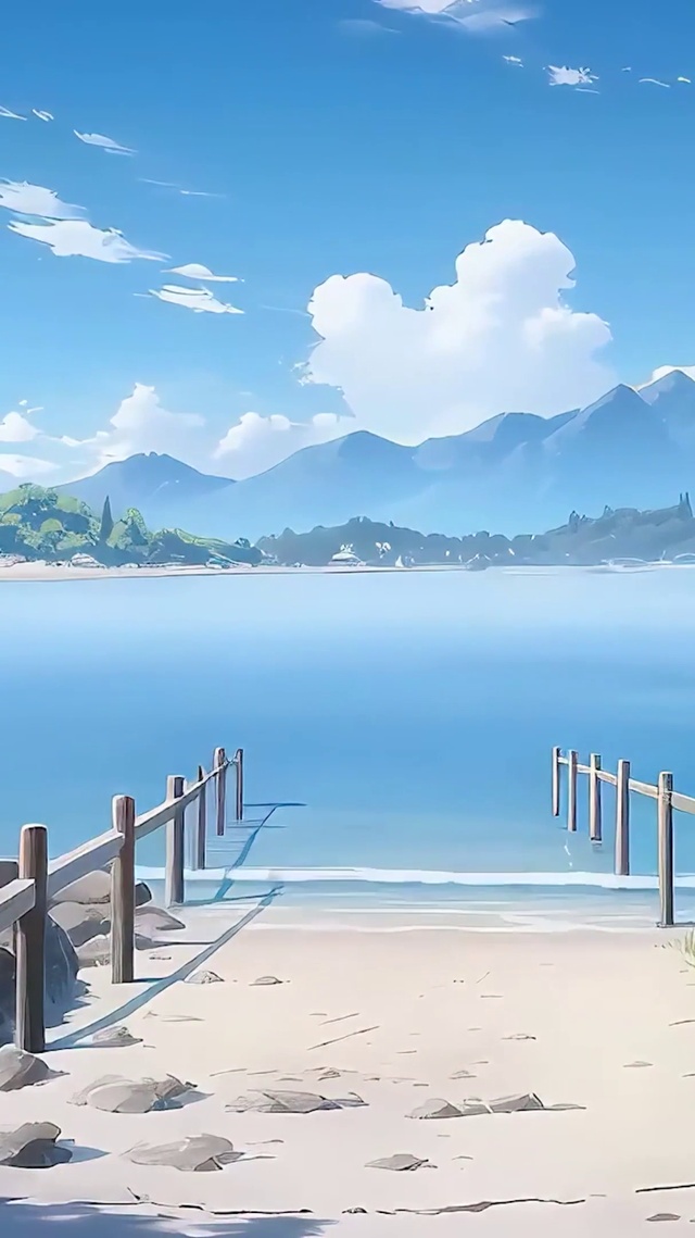 蓝天白云海景树木