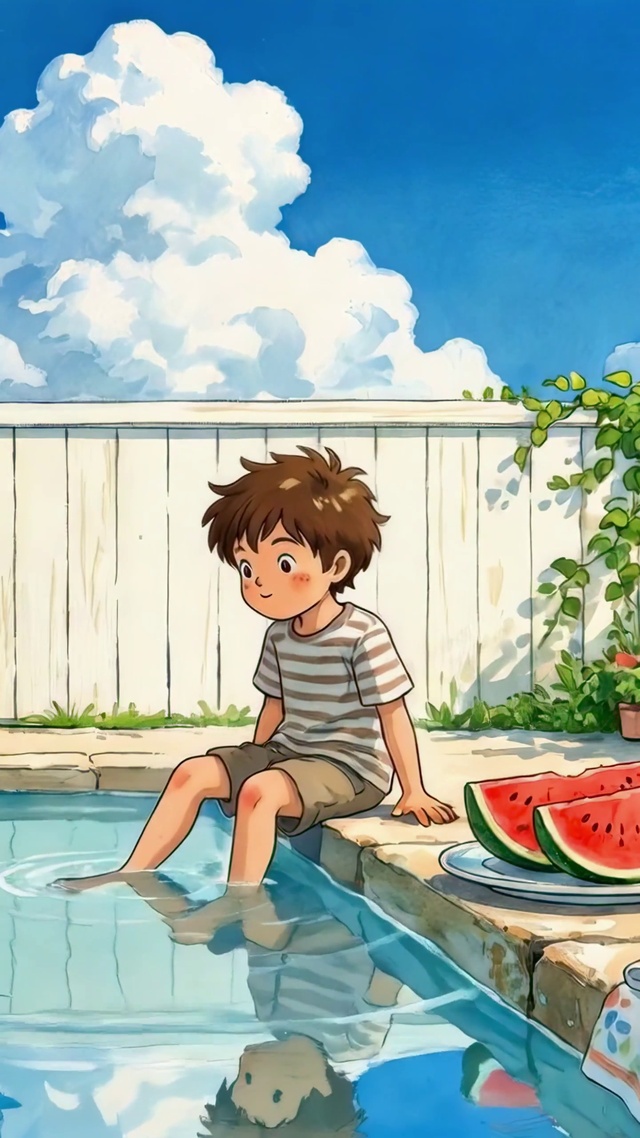 后院泳池边的夏日少年与小狗