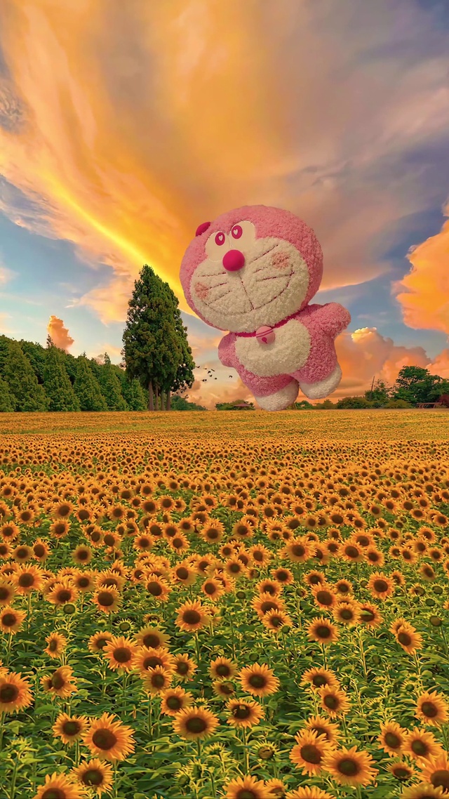 唯美向日葵花海叮当猫