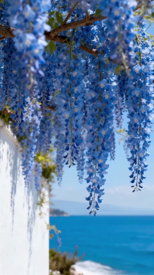 蓝色花藤海边治愈风景