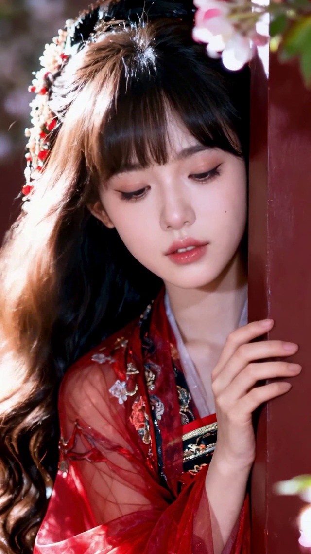 清纯古风桃花红墙国风清纯女孩