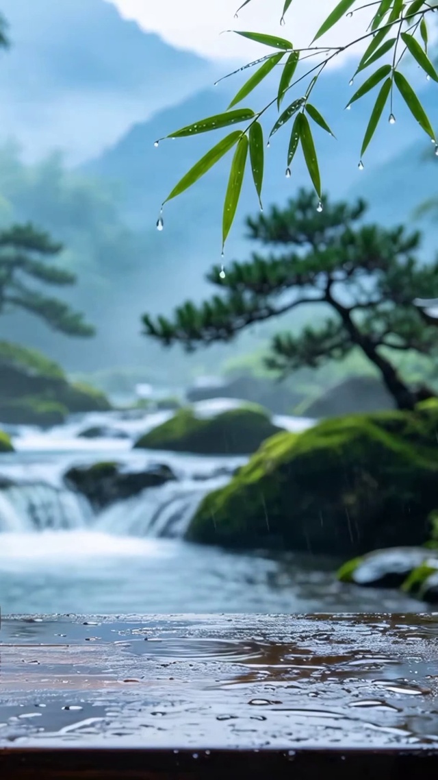 山间竹林溪流雨景