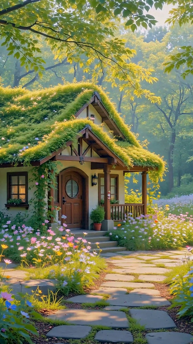 治愈林间花海童话小屋