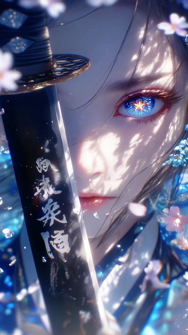 落花下海水里的古风动漫美女