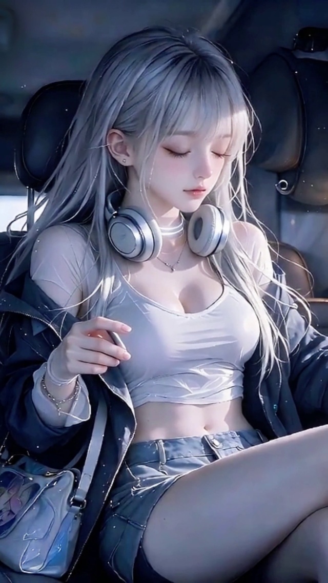 房车内惬意喝茶听歌的少女