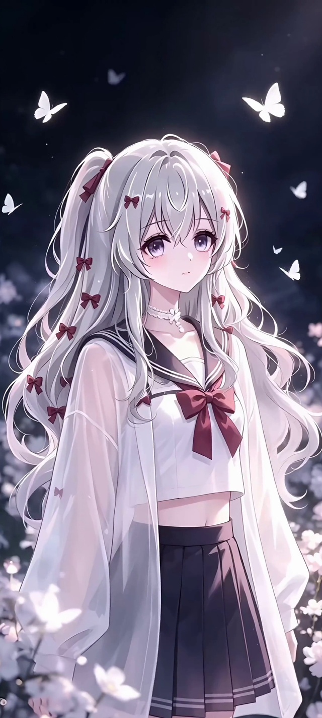 樱花落夜，水手服少女与蝶