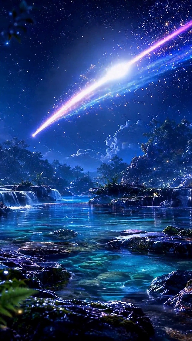 梦幻流星星空溪流夜景