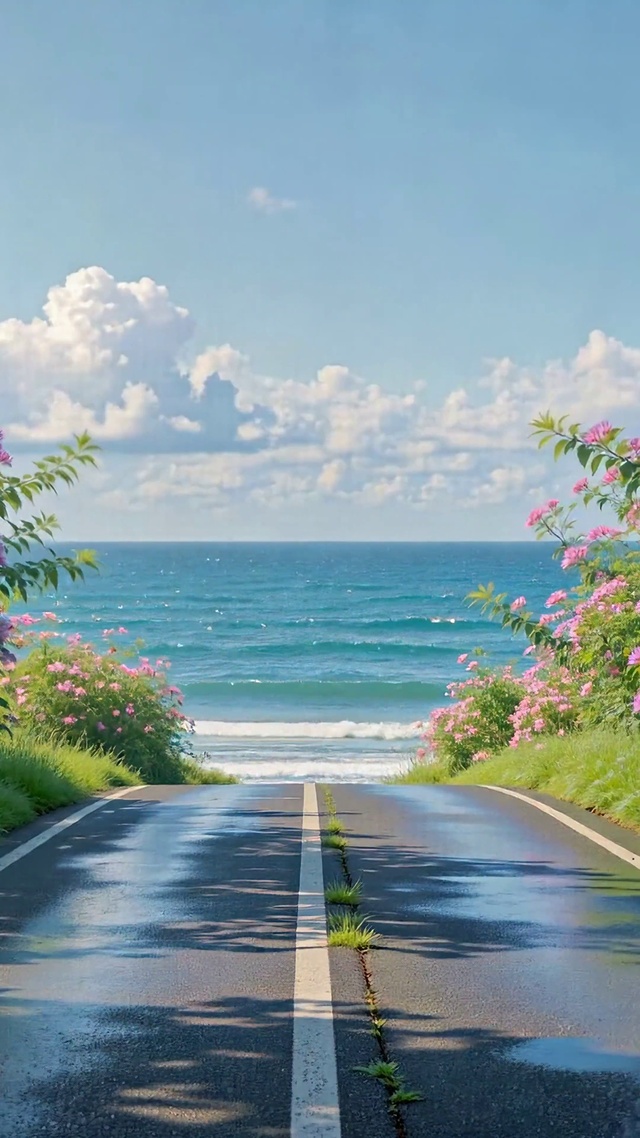 花海公路通往蔚蓝大海