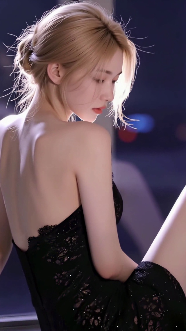 暗夜窗边氛围感金发美女