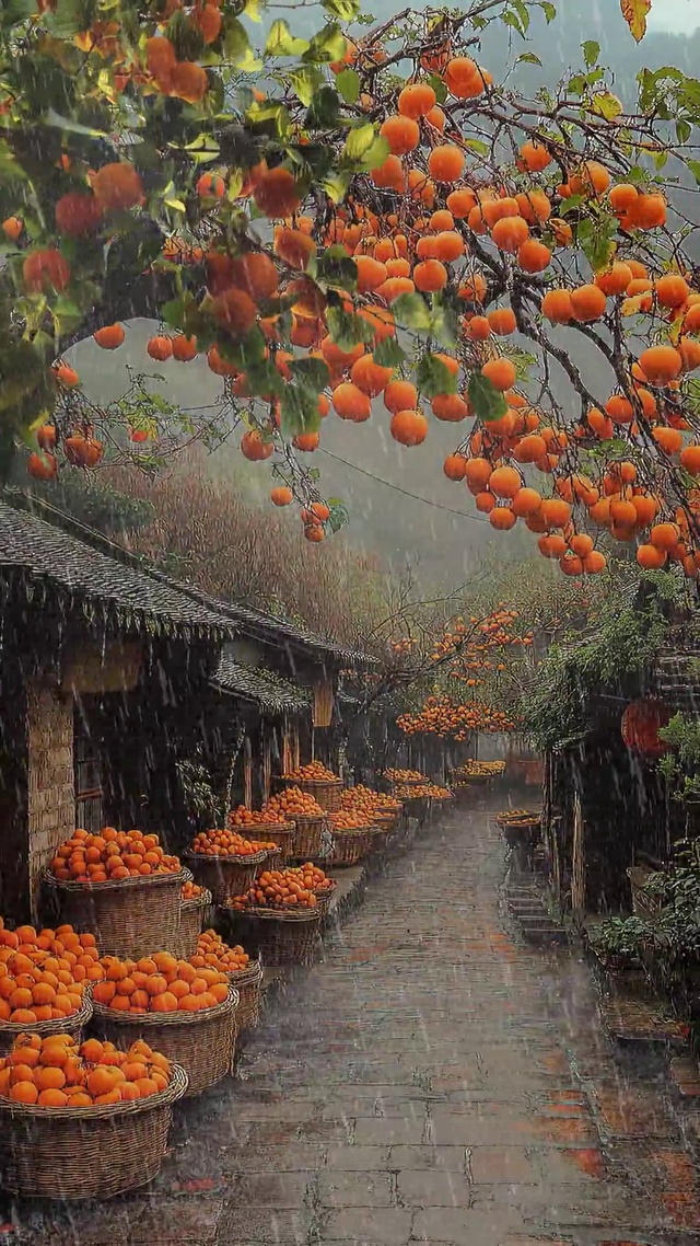 雨天柿子树
