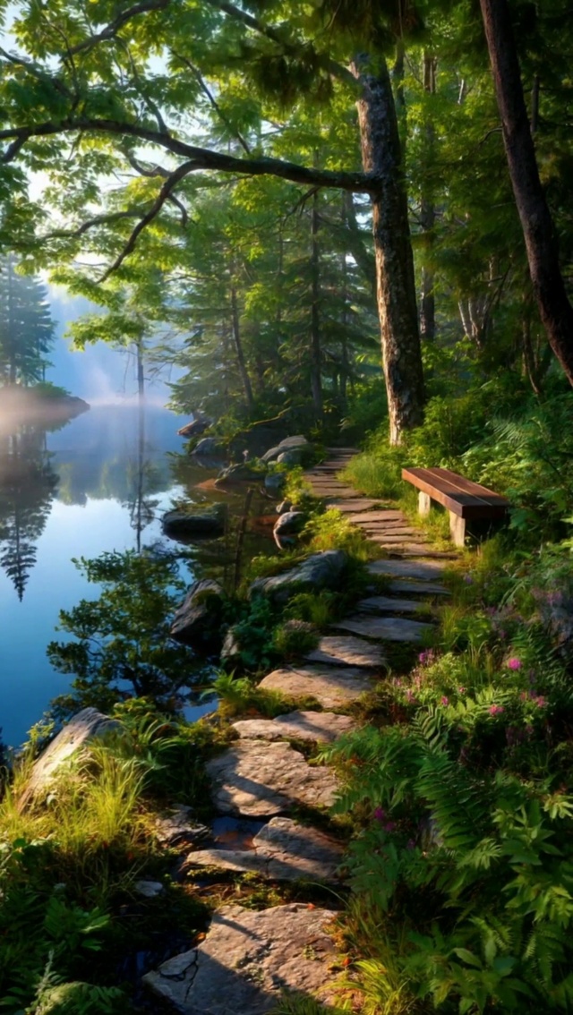 晨曦静谧，湖畔林间小径的宁静时光