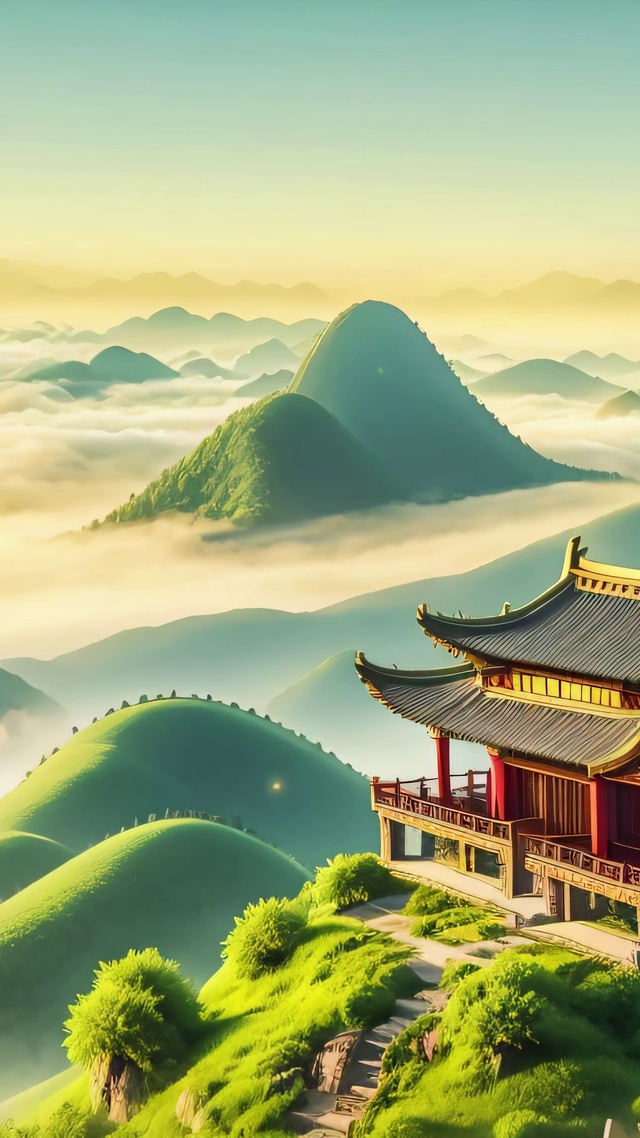 唯美治愈云海古寺黄昏