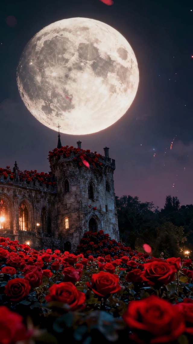 满月古堡红玫瑰梦幻夜景