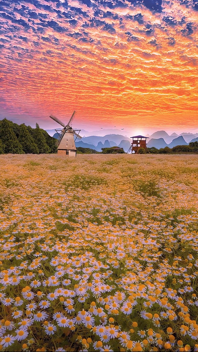 晚霞雏菊花海