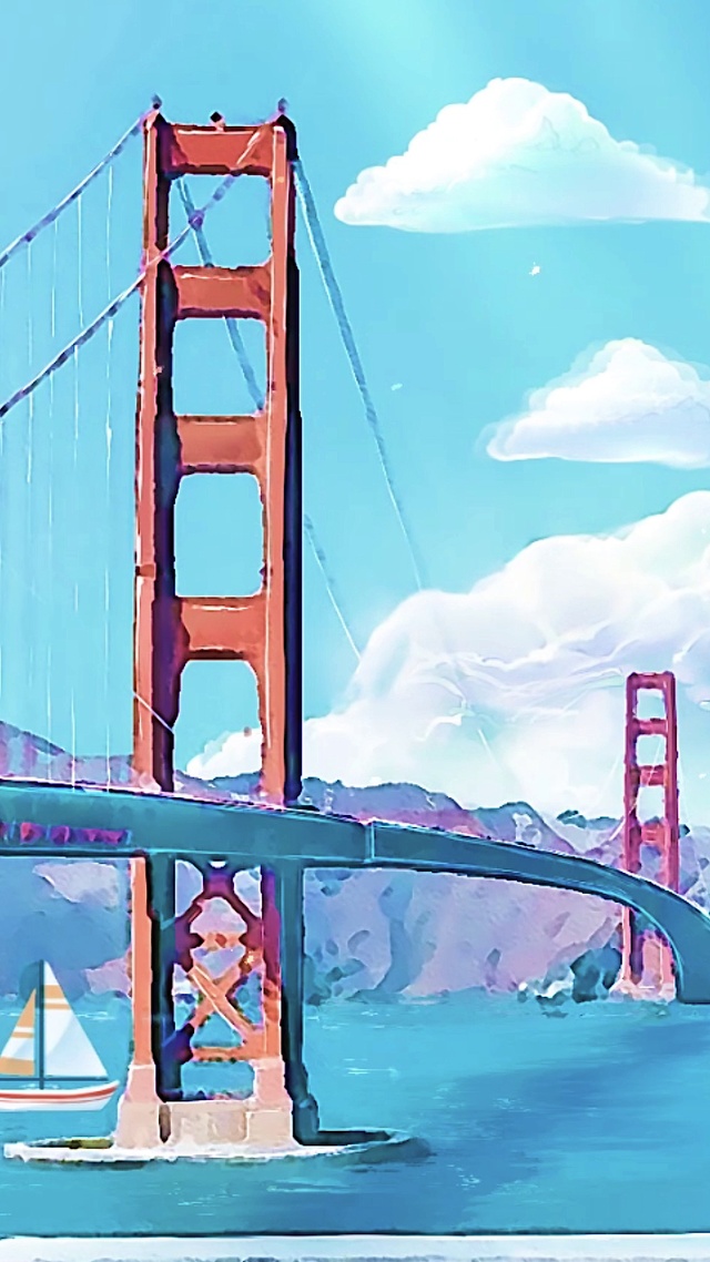 一艘帆船从大桥下驶过