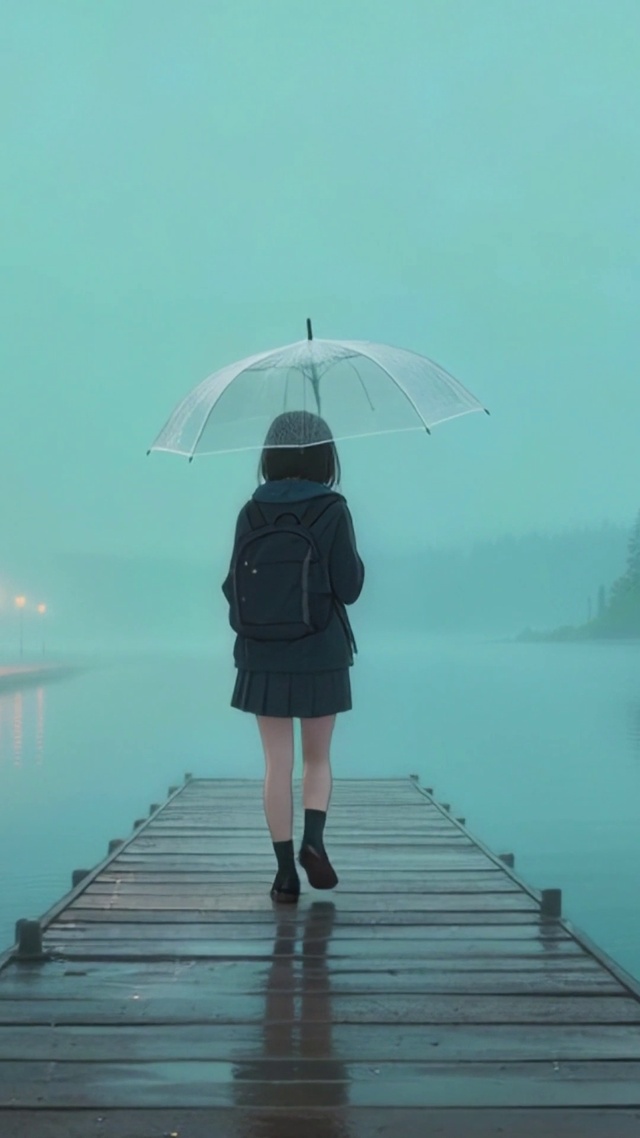 雨天湖滩栈桥