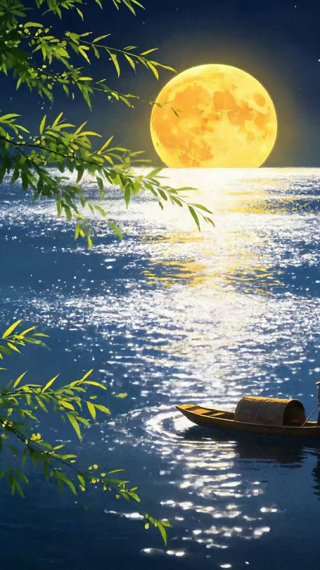 月夜江景渔舟行