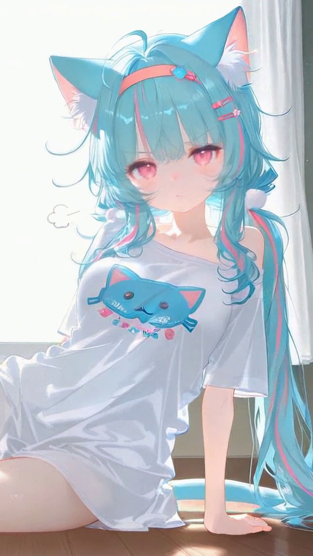 窗边慵懒猫耳蓝发美少女