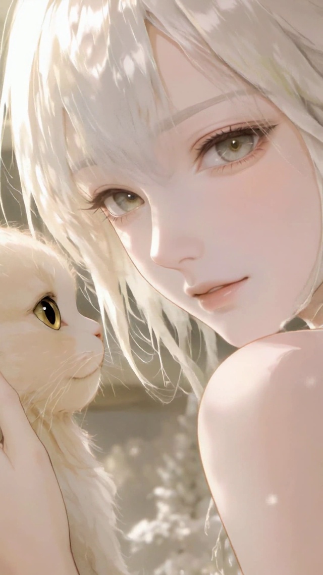 白发少女与猫咪温馨相伴