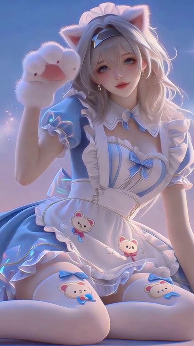 蓝白女仆装猫耳少女