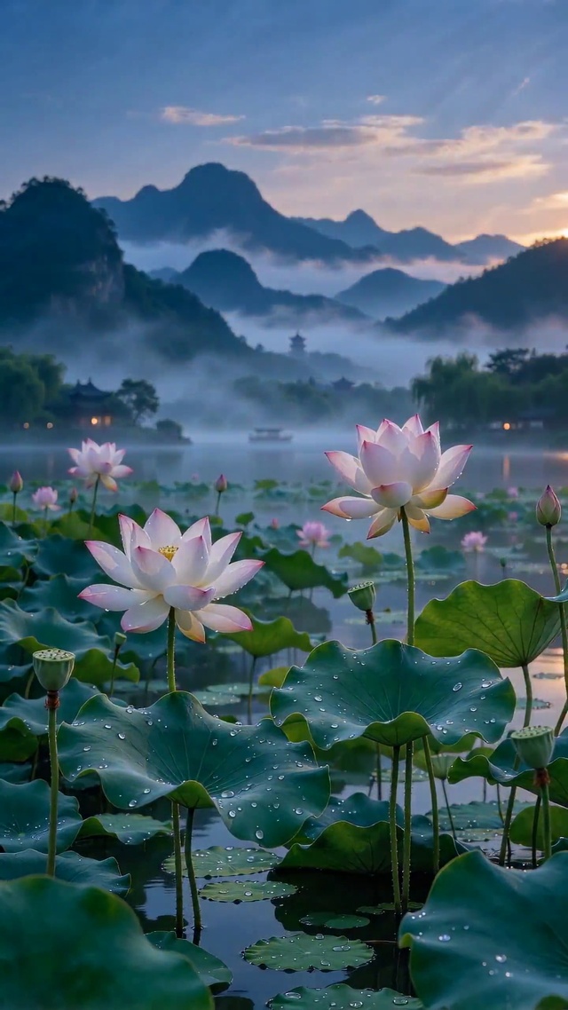 晨雾莲池远山（国风山水风景）