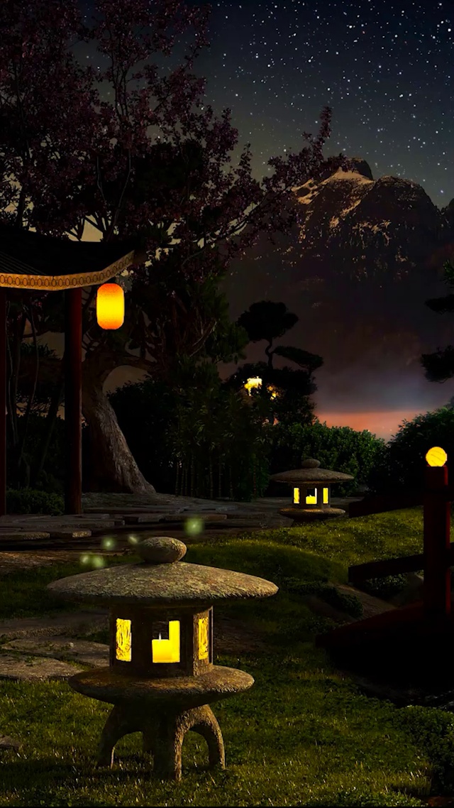 平静的夜晚日式花园