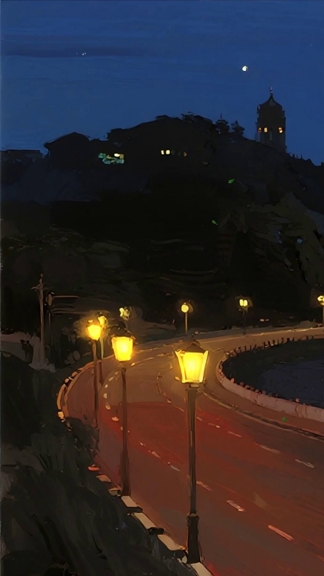 护眼夜景海景油画