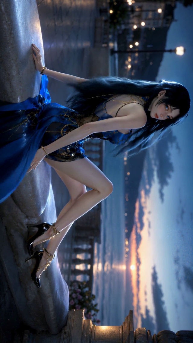 暮色海边蓝裙长发女神