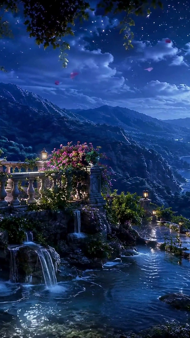 梦幻月夜河畔山谷风景