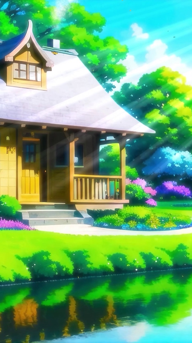治愈插画春天阳光河边小屋
