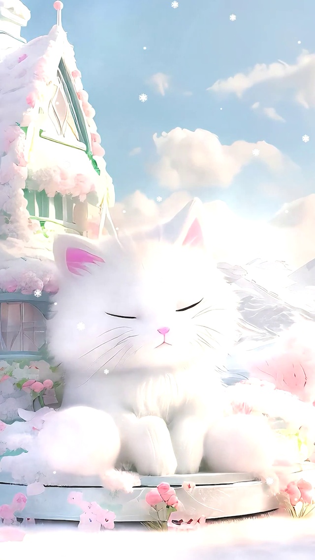 雪景树木小屋猫咪