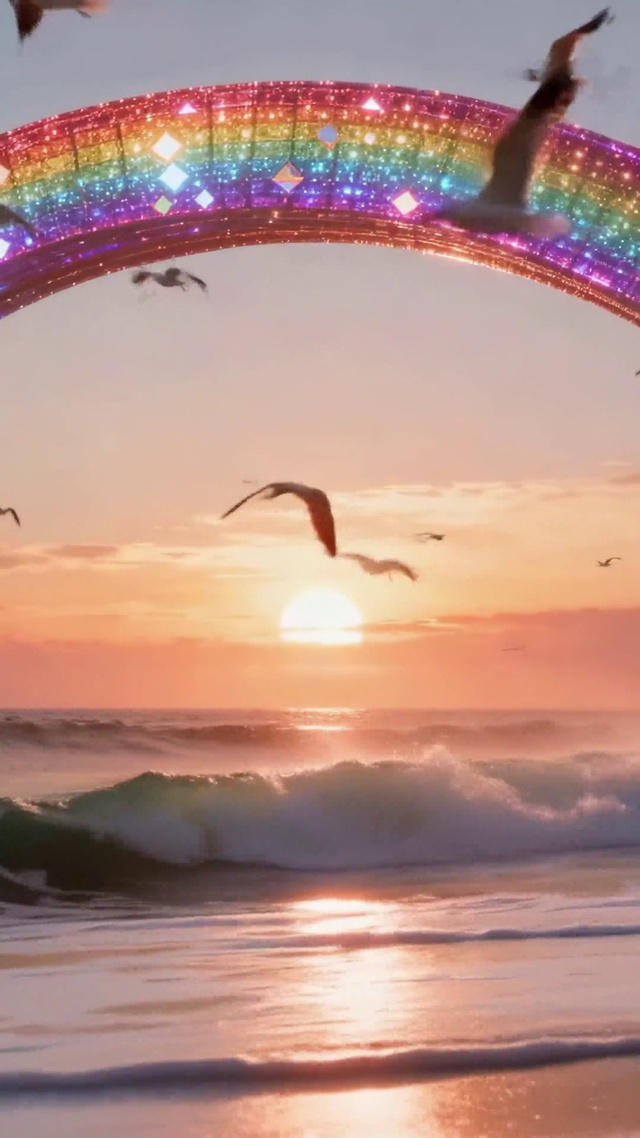 海边日落梦幻彩虹拱门