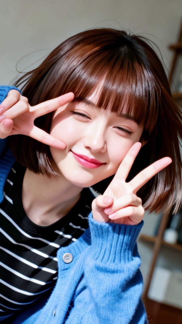 蓝衣短发比耶少女