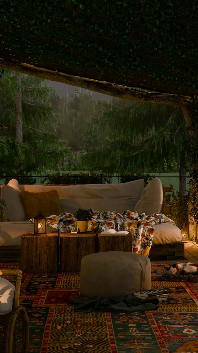 雨天湖边木屋