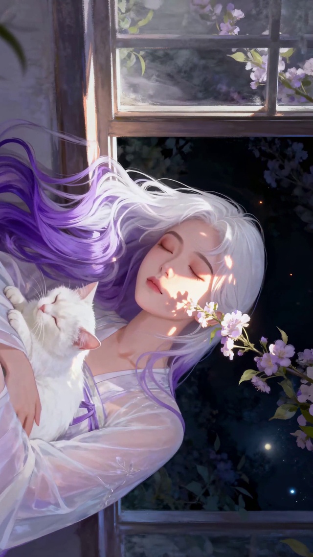 光影里的少女和白猫