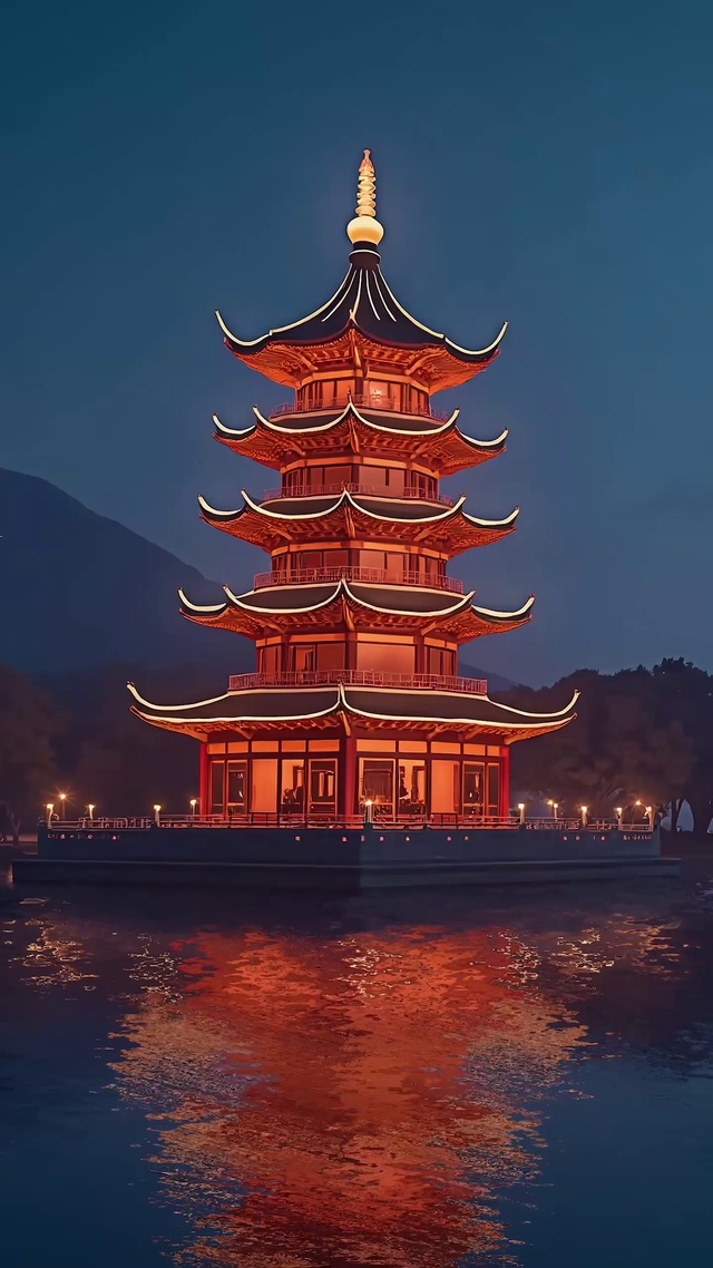 河畔古城夜景灯火