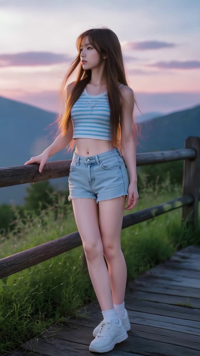 山间落日下的清纯美少女