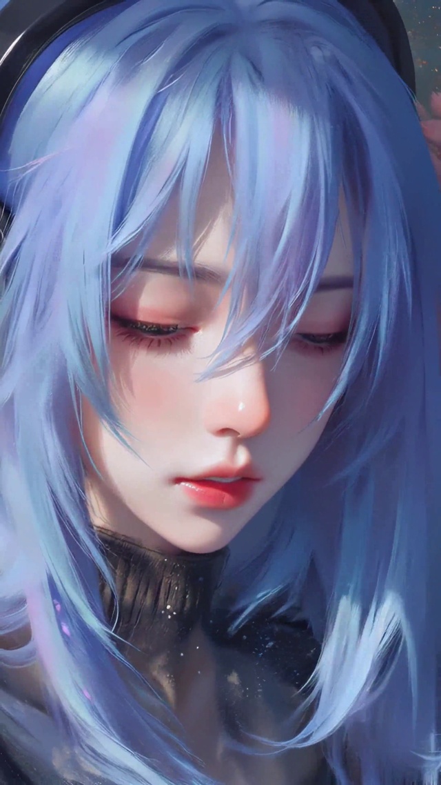 厚涂风蓝发耳机女孩