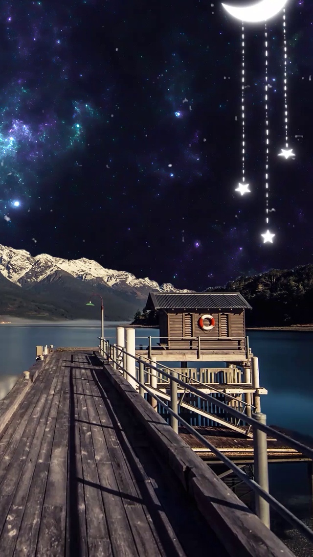 4k唯美星空月亮木屋湖