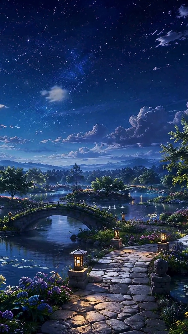 静谧月夜星空湖畔风景