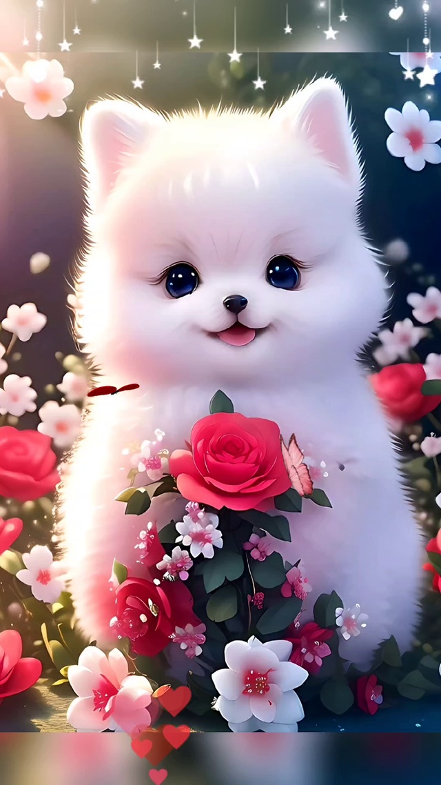 鲜花中的小白熊