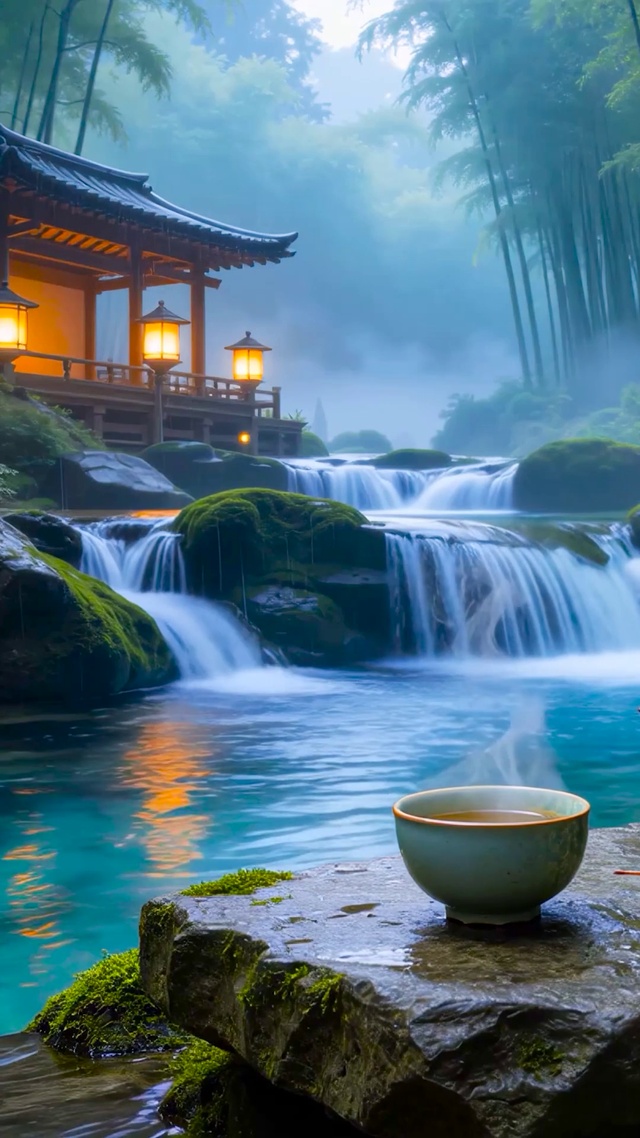 放松竹林流水木屋