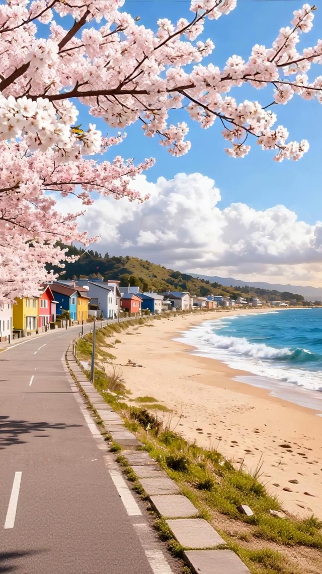 夕阳下樱花树木海景