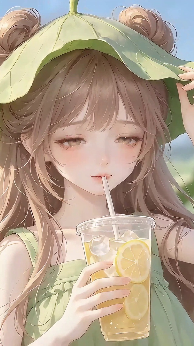喝果汁的可爱荷叶少女