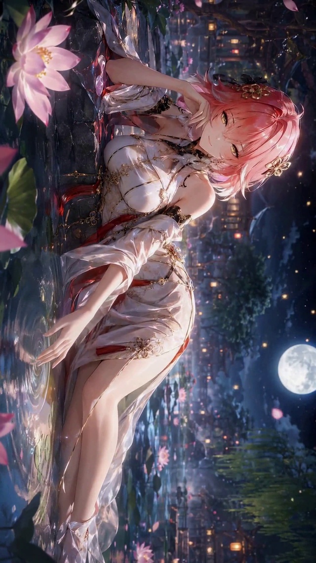 月下荷塘粉发少女