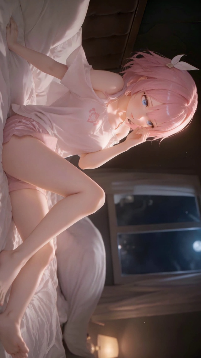 夜晚卧室粉发二次元美少女